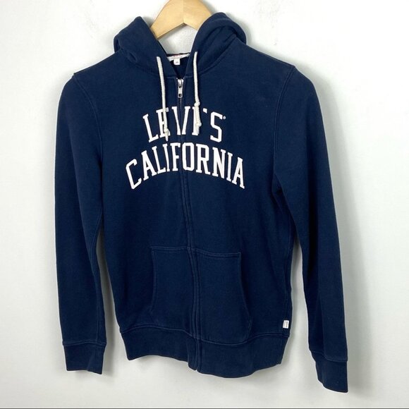 Levis Classic Sweatshirt Hoodie Navy Blue Fleece Size XS Hooded Spellout Zipper - Picture 11 of 11